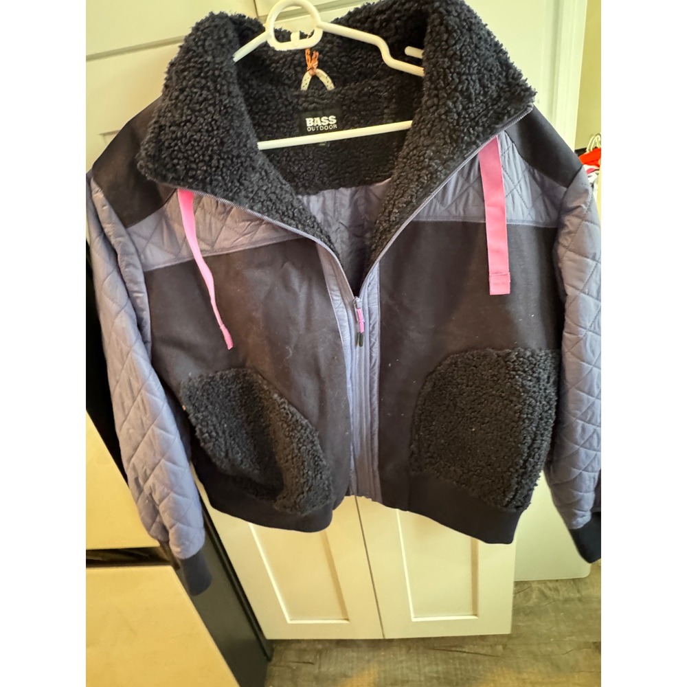 Bass Outdoor Womens Mixed Media Sherpa Quilted Bomber Jacket Navy Grey Large NWT